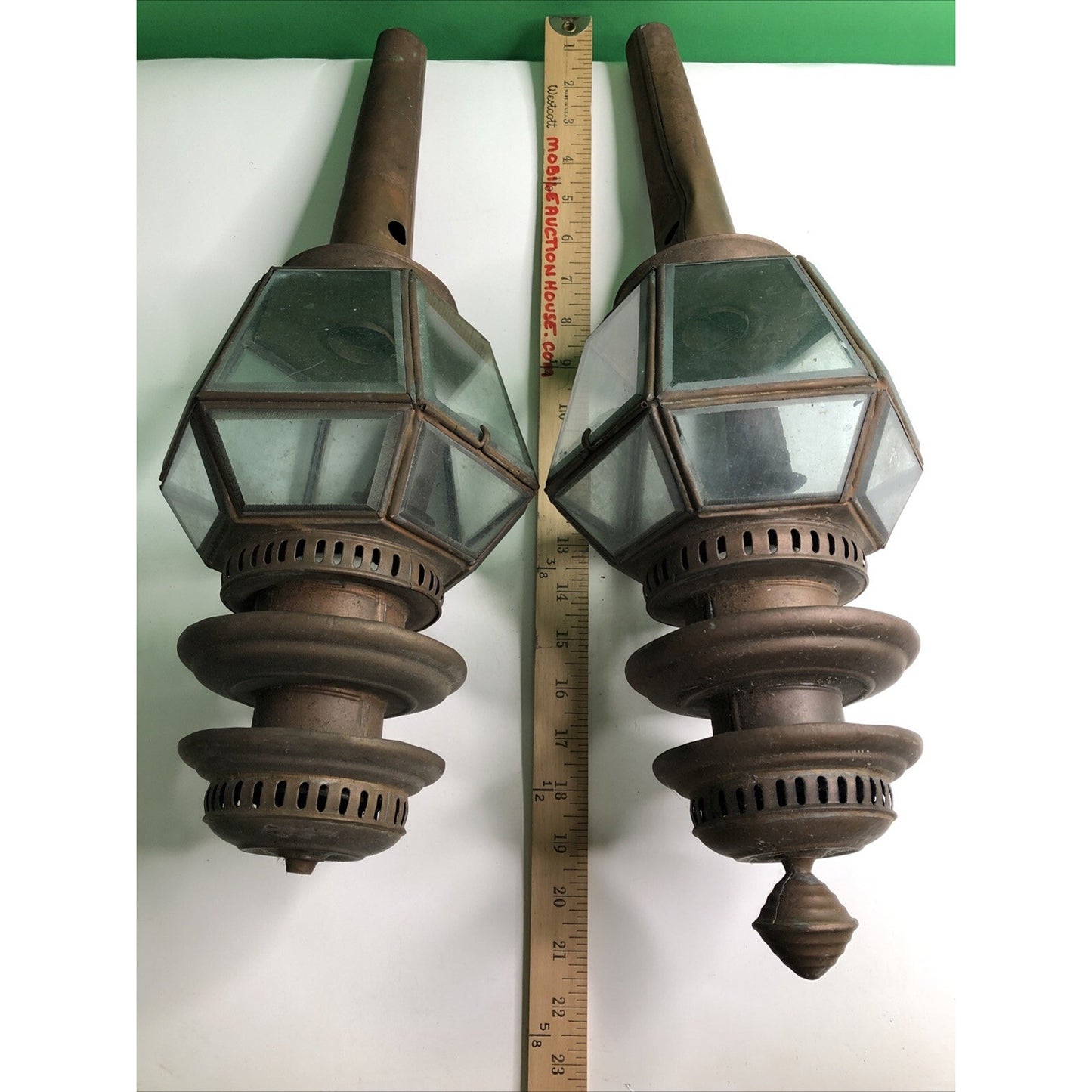 Pair Of Antique Copper Oil Carriage Lamps Buggy Lantern Lights Beveled Glass