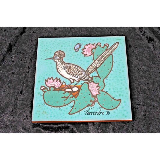Cleo Teissedre Tile Roadrunner Bird Nesting Ceramic Trivet Coaster, 6" x 6" Aqua