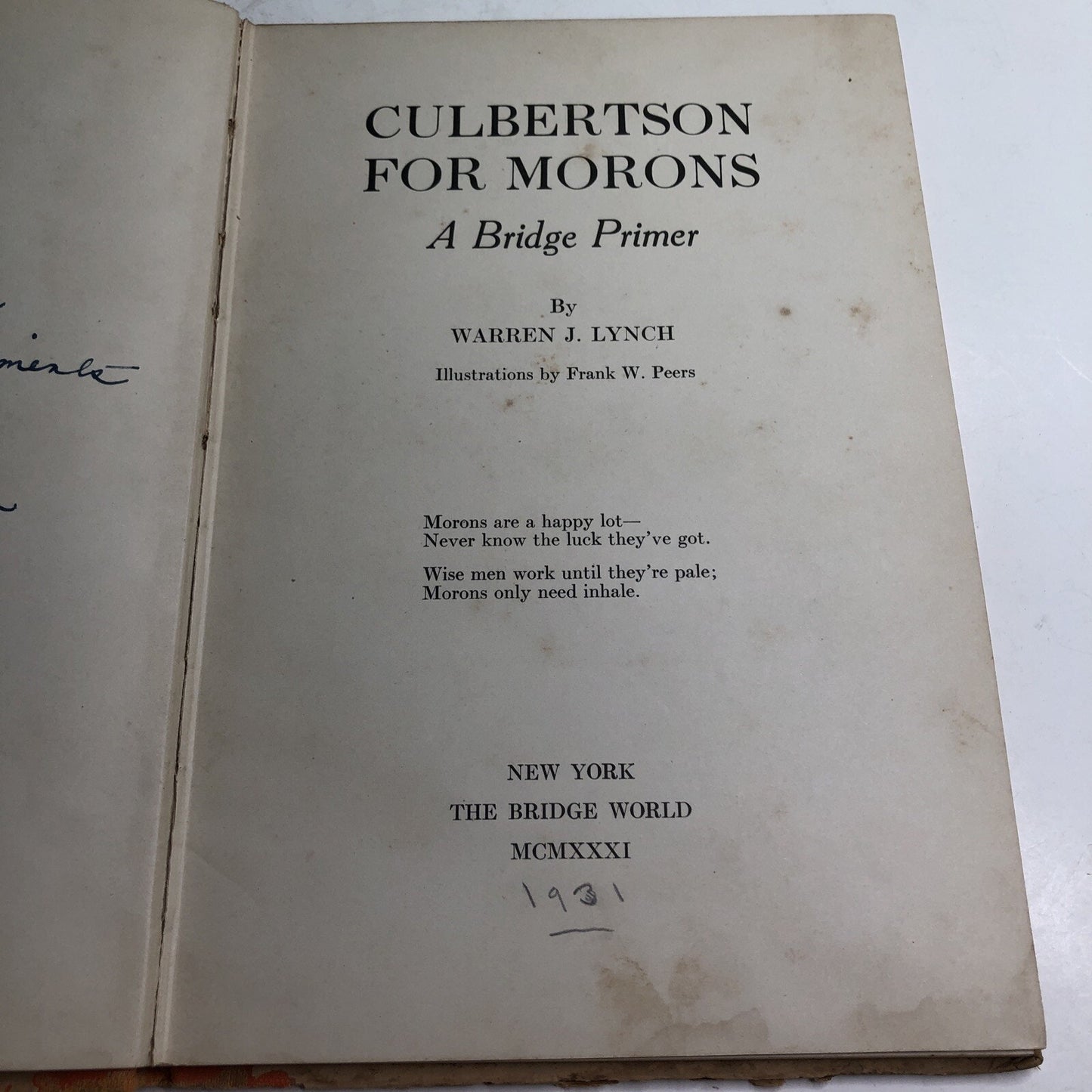 Culbertson for Morons A Bridge Primer Warren J. Lynch 1931 HC 1st Edition SIGNED