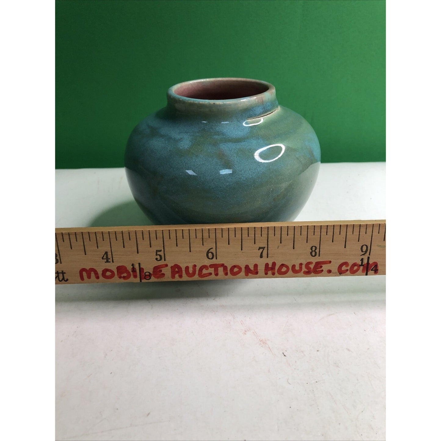 Vintage 1951 Stephen NC Pottery Cabinet Vase Blue Green Glaze Pink Interior