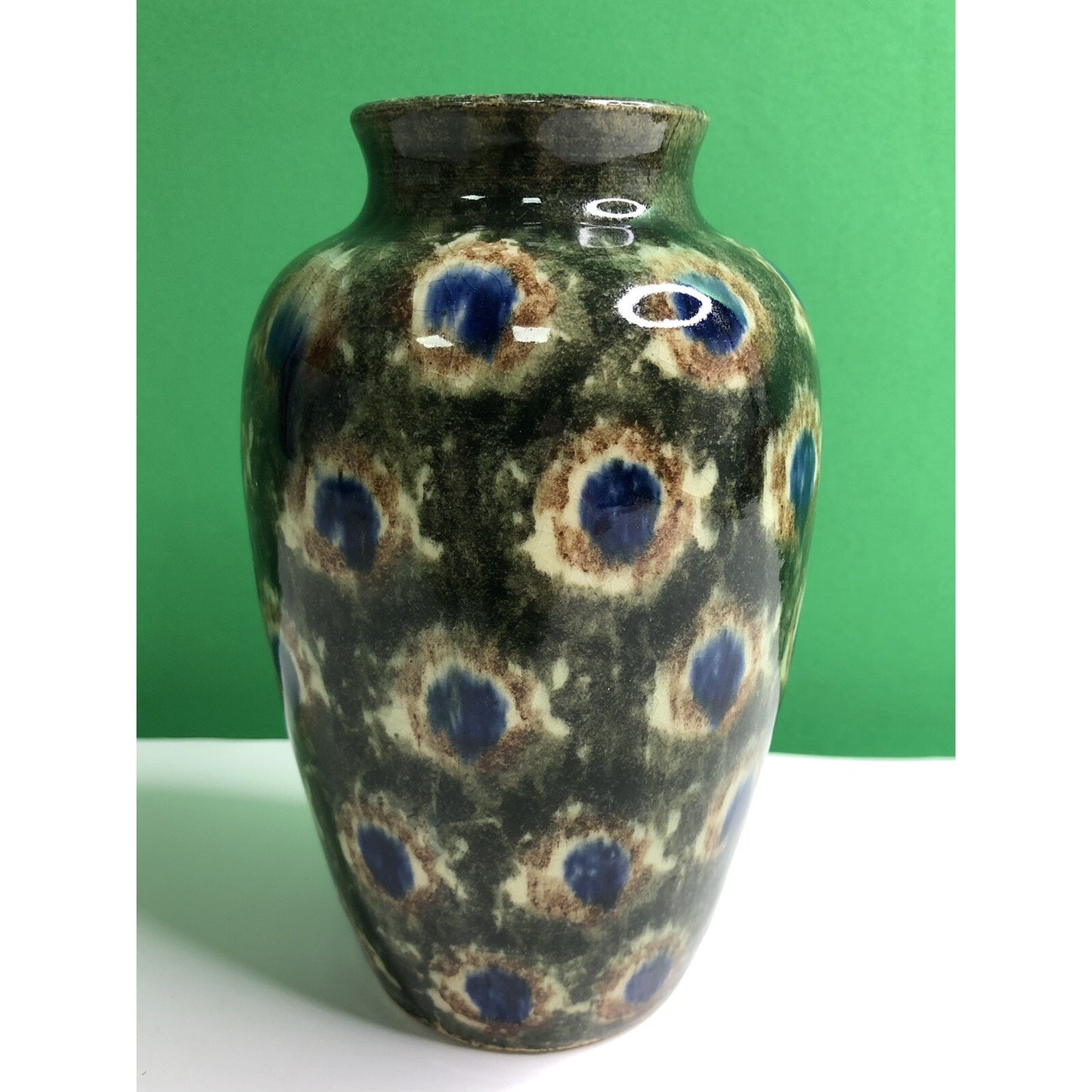 Early 1900s Antique FRIEDRICH FESTERSEN BUNZLAU PEACOCK Studio Art POTTERY VASE