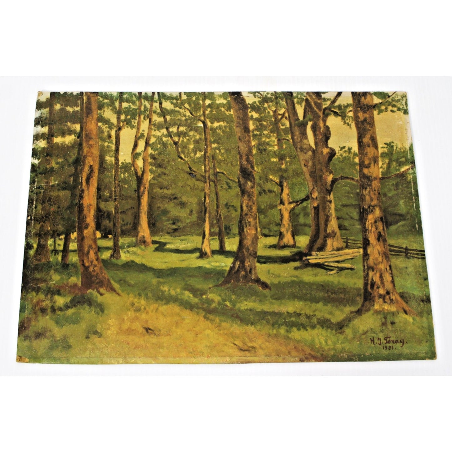 Small Oil on Board Painting, Wooded Scene, M.J. Toray, 1931- American Realism