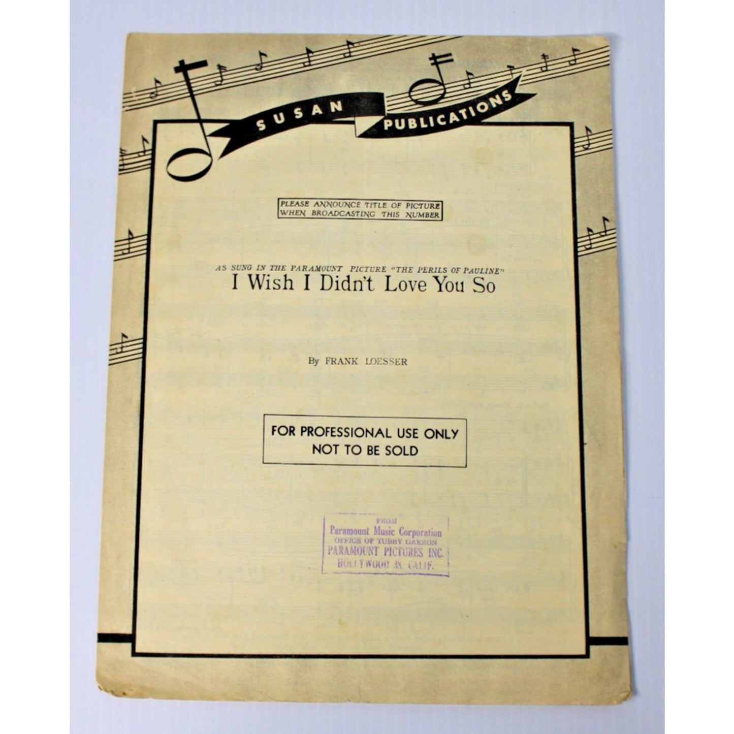 1947 Sheet Music for Broadcast- Perils of Pauline- Paramount Pictures- RARE!!!