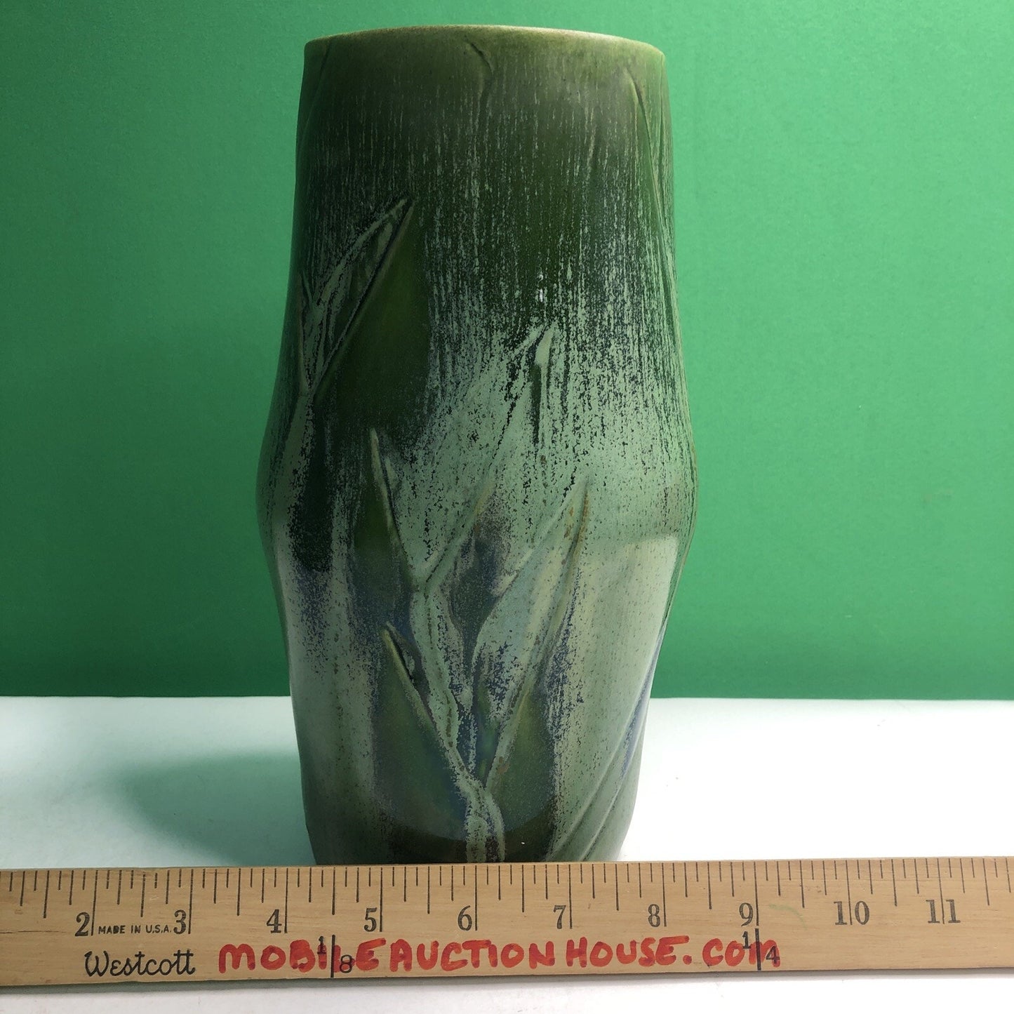 Vintage California Pottery Vase by Artist Hazel Hutchins Green Leaf/Plant Motif