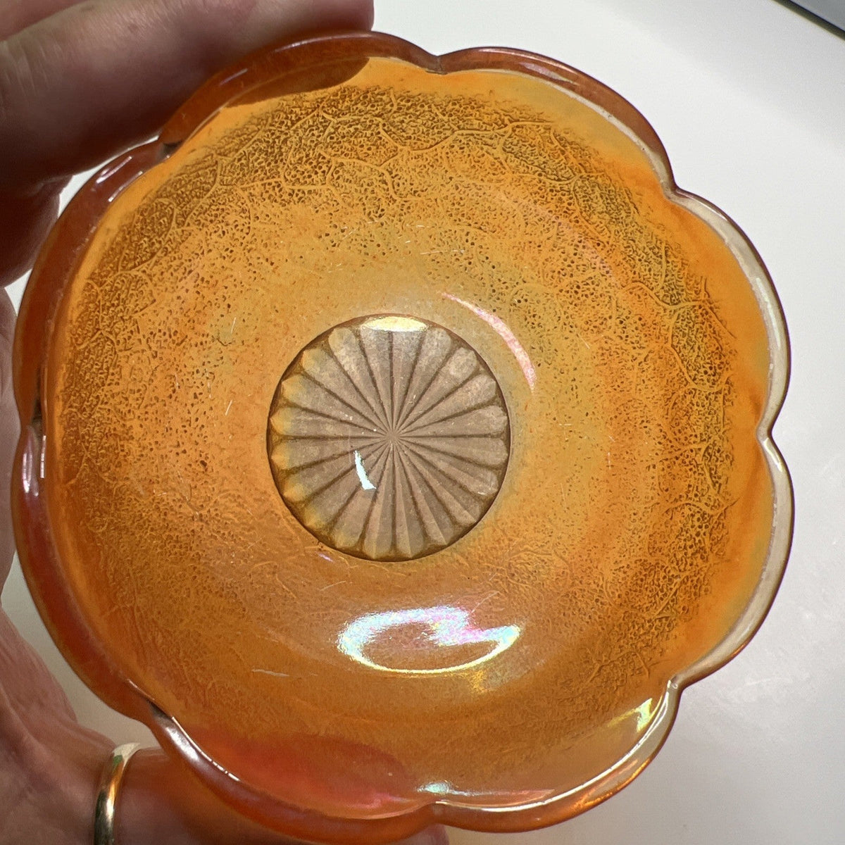Pair Vintage Jeanette Marigold Iridescent Berry Bowls Crackle Carnival Glass 4"