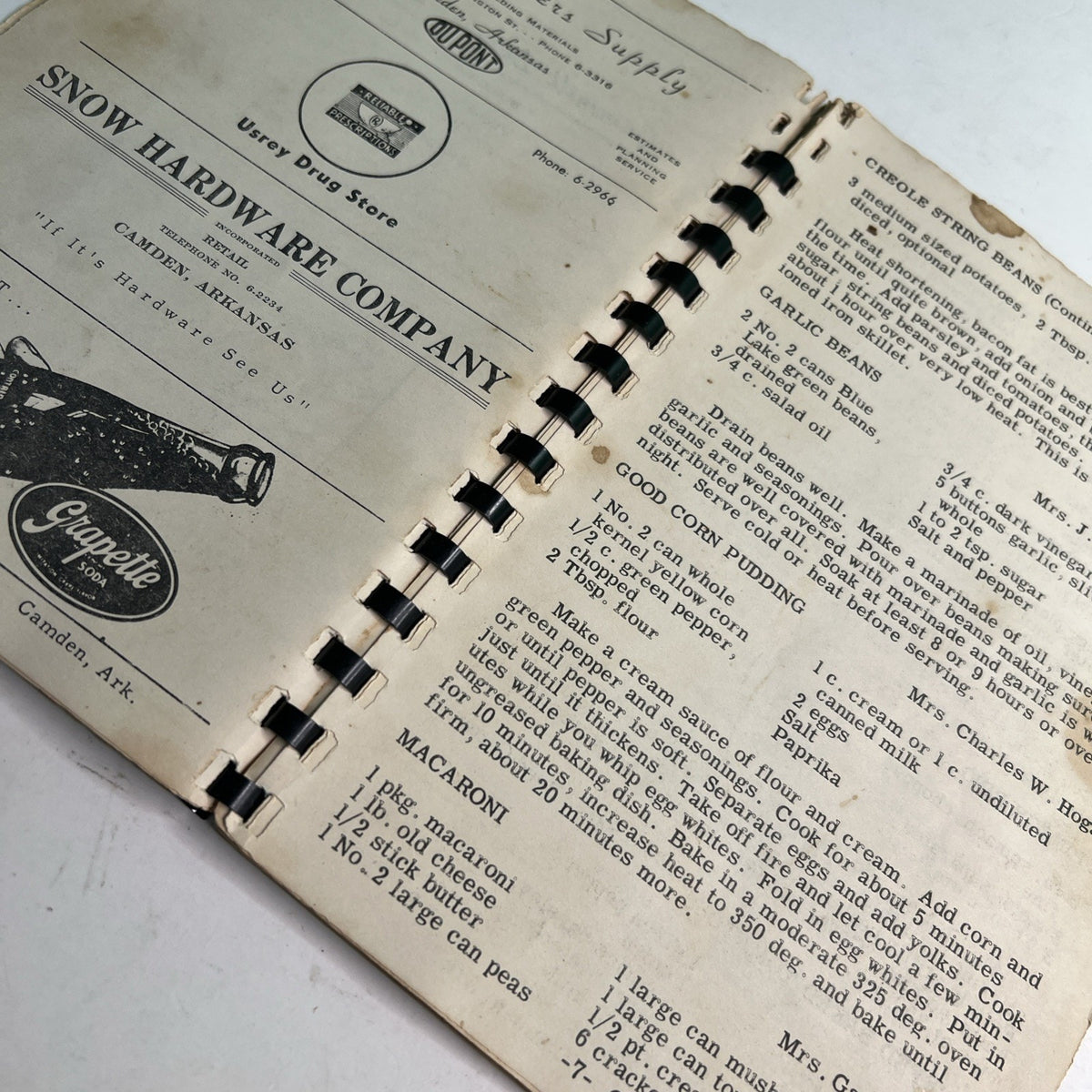 Camden’s Own Cook Book Camden Arkansas Vintage Spiral Cookbook Poor Condition