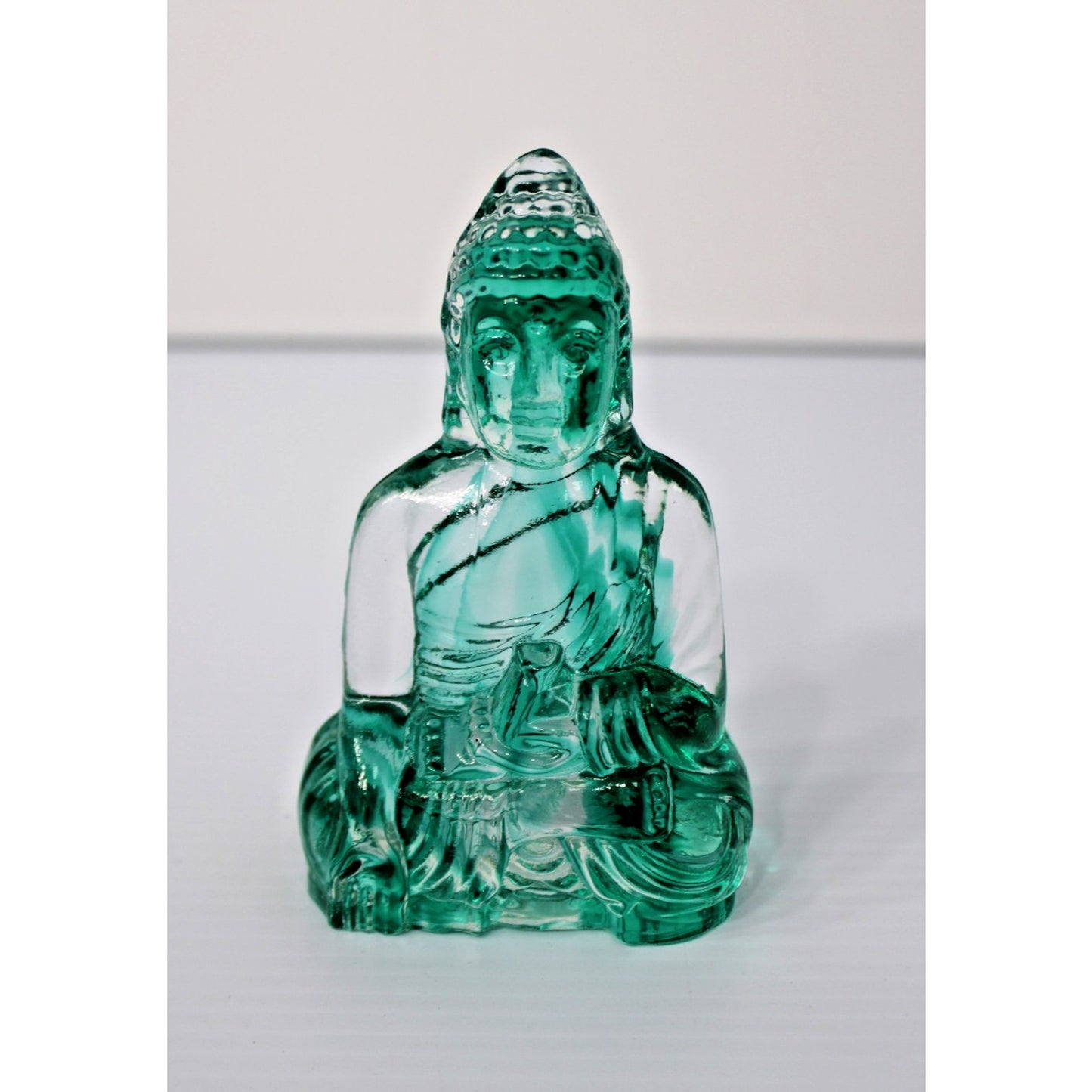 Art Glass Buddha Bodhisattva Figure, 5.5H Clear & Teal Swirl Dynasty Gallery