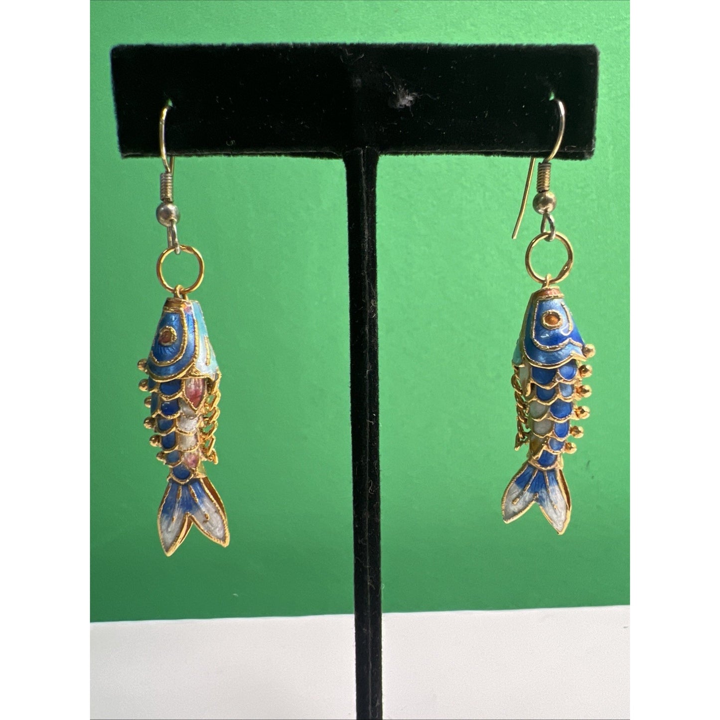 Vintage Articulated Cloisonné Guilloche Enamel Fish Earrings French Wire
