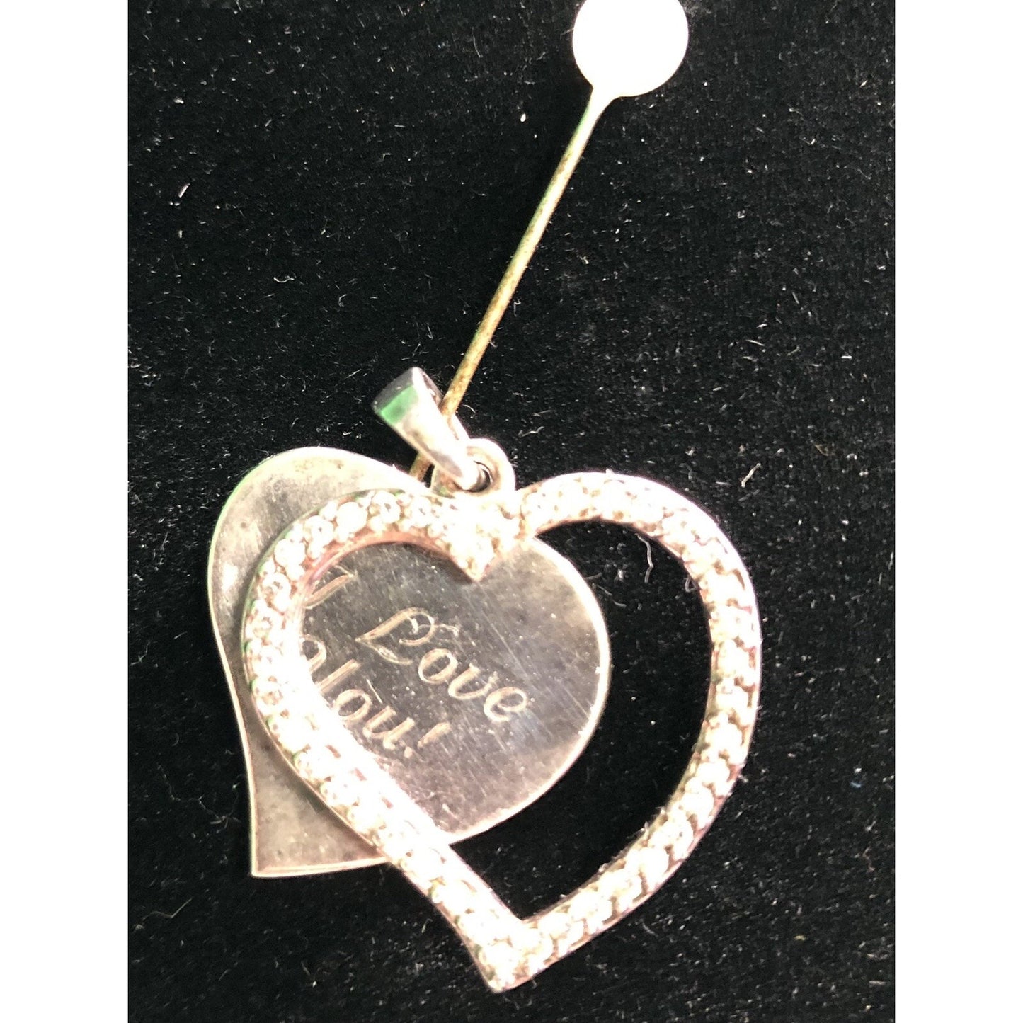 Vintage Sterling Layered Heart I LOVE YOU Engraved Pendant With Rhinestones