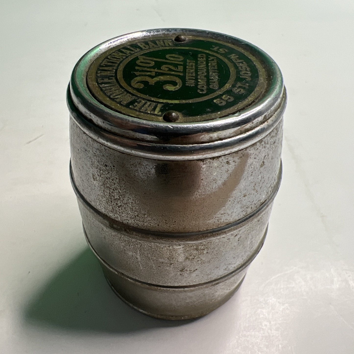 Vintage Advertising Mobile National Bank Chrome Barrel Bank No Key Alabama