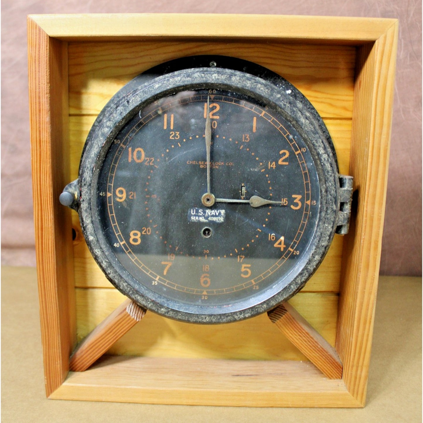 Antique U.S. Navy Ship's Clock, Chelsea Clock Co, Boston, 1908, Custom Display
