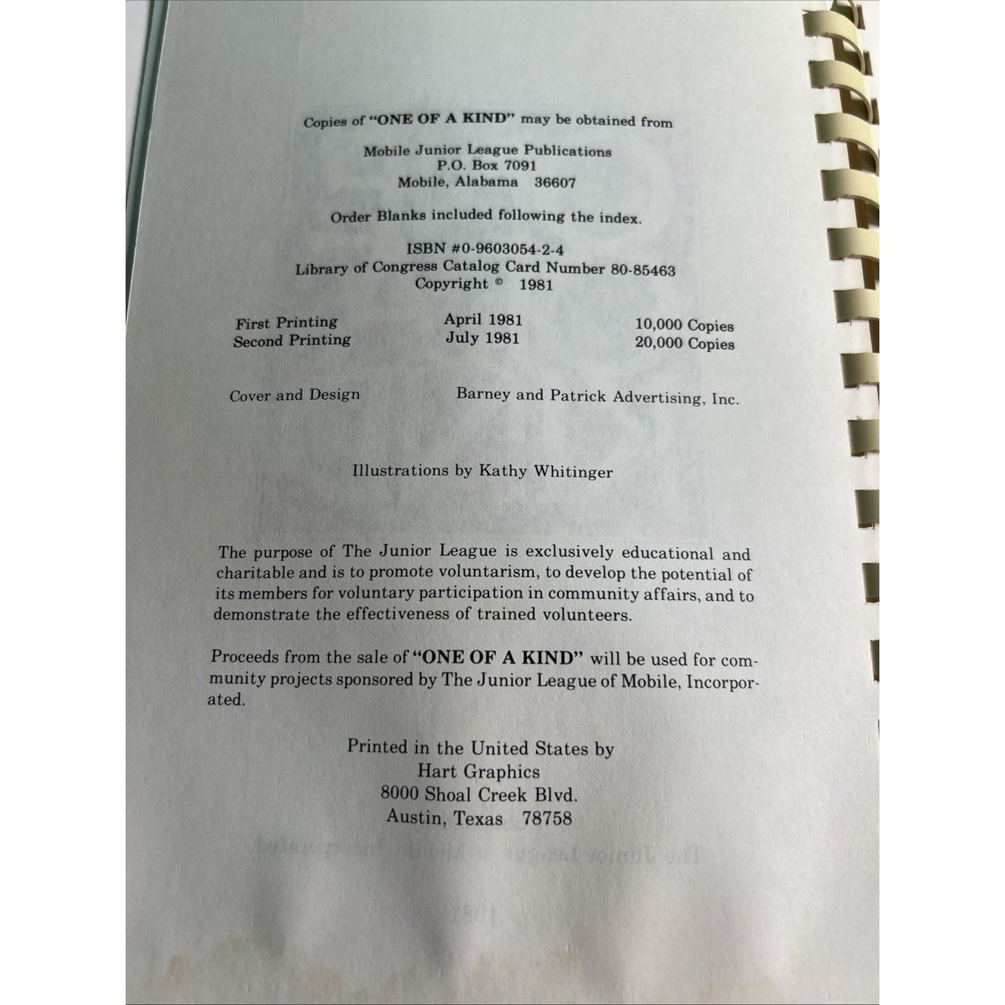 1981 Junior League Of Mobile Alabama One Of A Kind Cookbook Recipes