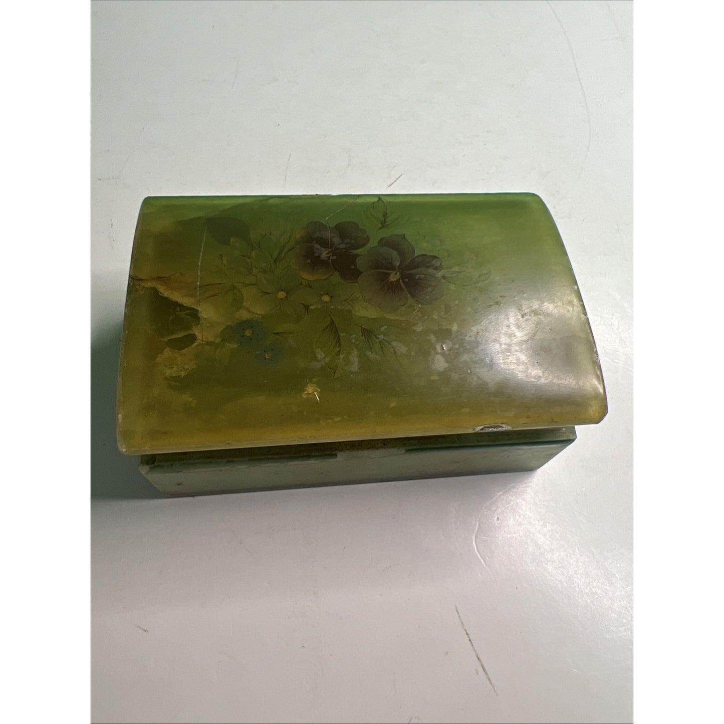 Vintage Italian Alabaster Marble Jewelry Trinket Box Pansies As Pictured