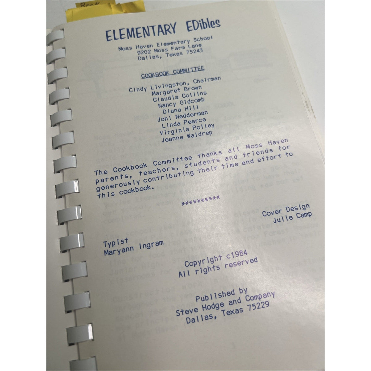 1984 Elementary Edibles Cookbook Moss Haven School Dallas Texas