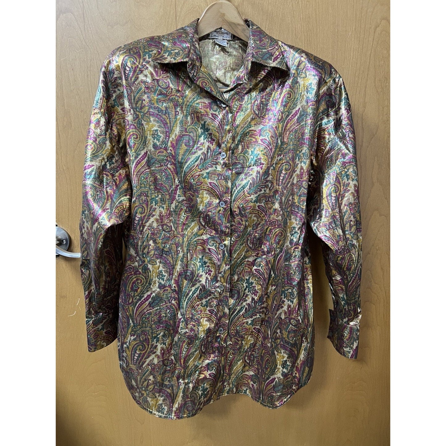 OLEG CASSINI Metallic Fabric Blouse Size 8 Button Up Shirt Paisley Pattern