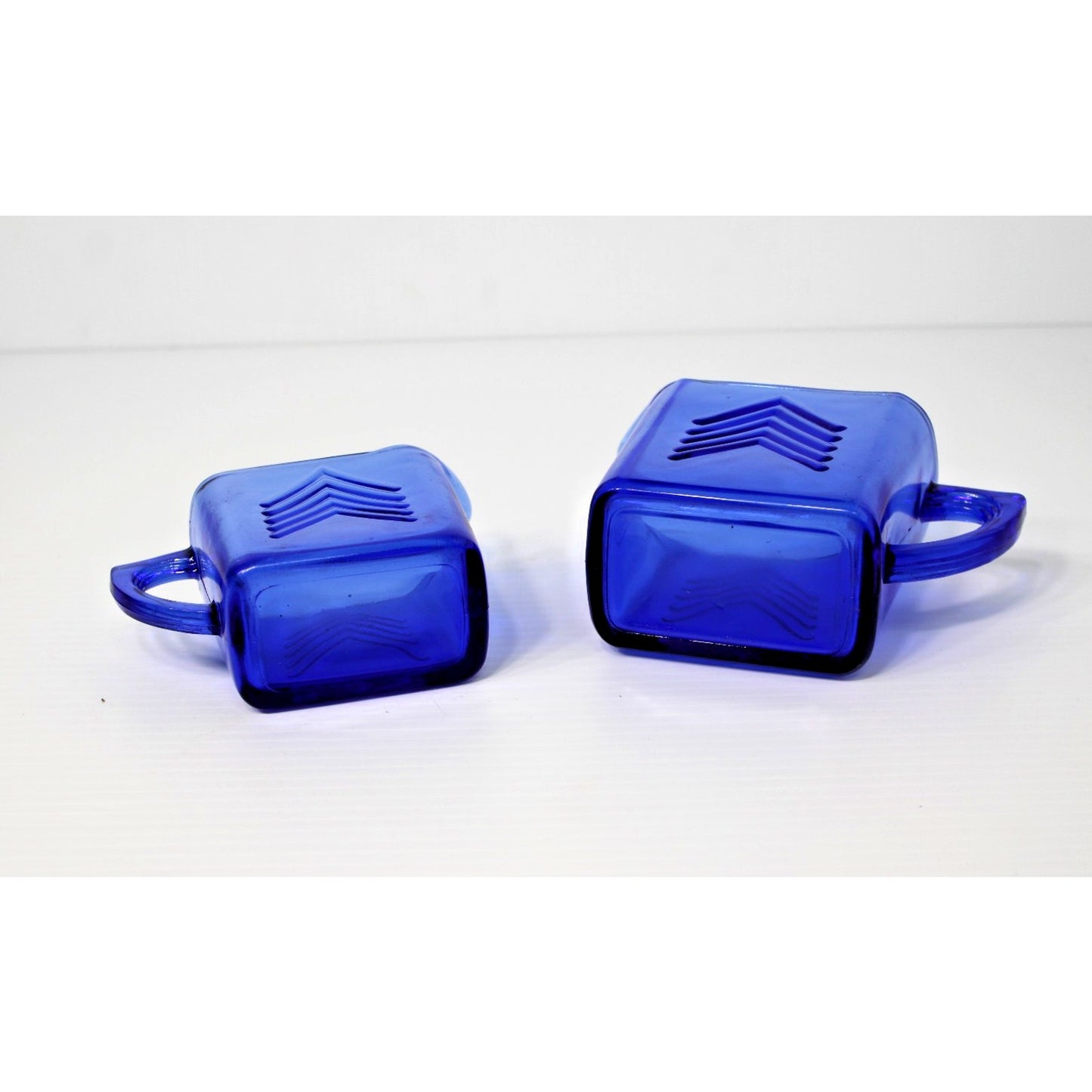 Vintage 1930s Hazel Atla Cobalt Glass, Blue Art Deco Milk & Creamer Chevron Set