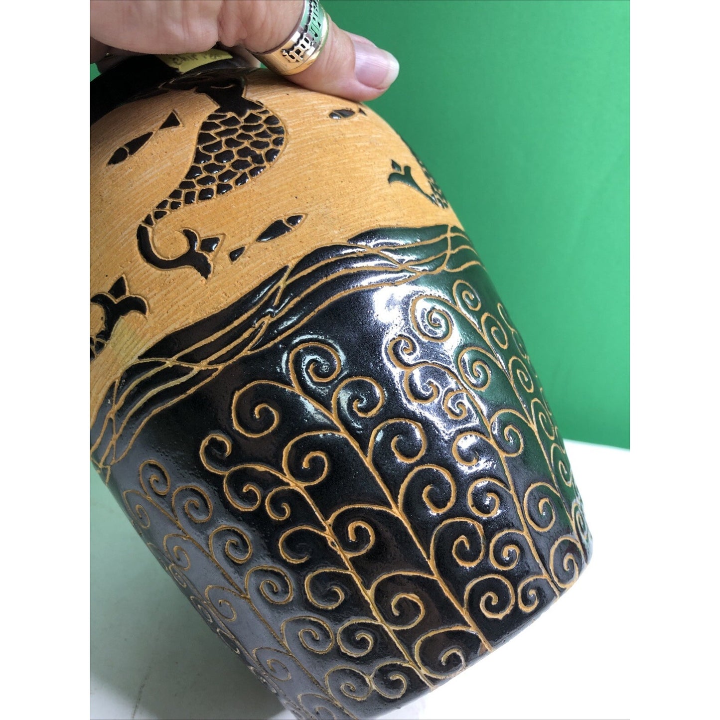 Beautiful MERMAID Vase Sgrafitto Studio Art Pottery Rich Brown Cream Orange