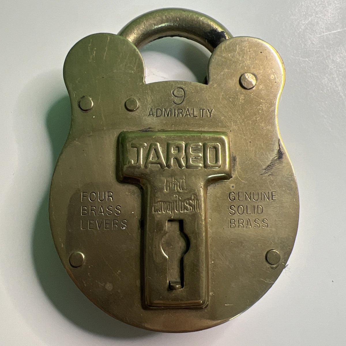 Vintage Jared #9 Admiralty Old English Solid Brass Padlock Levers Lock No Key