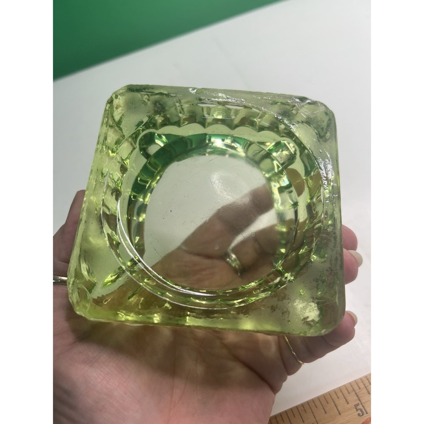 Vintage 4x4 Uranium Glass Ashtray Heavy Depression Green Glows Bright Tobacciano
