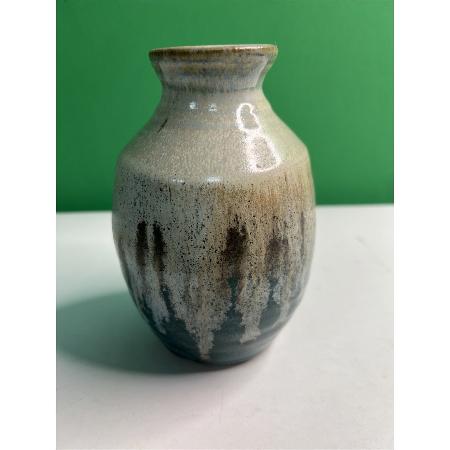 Studio Art Pottery Ceramic Blue And Earthen Hues Drip Glazed Vintage Vase
