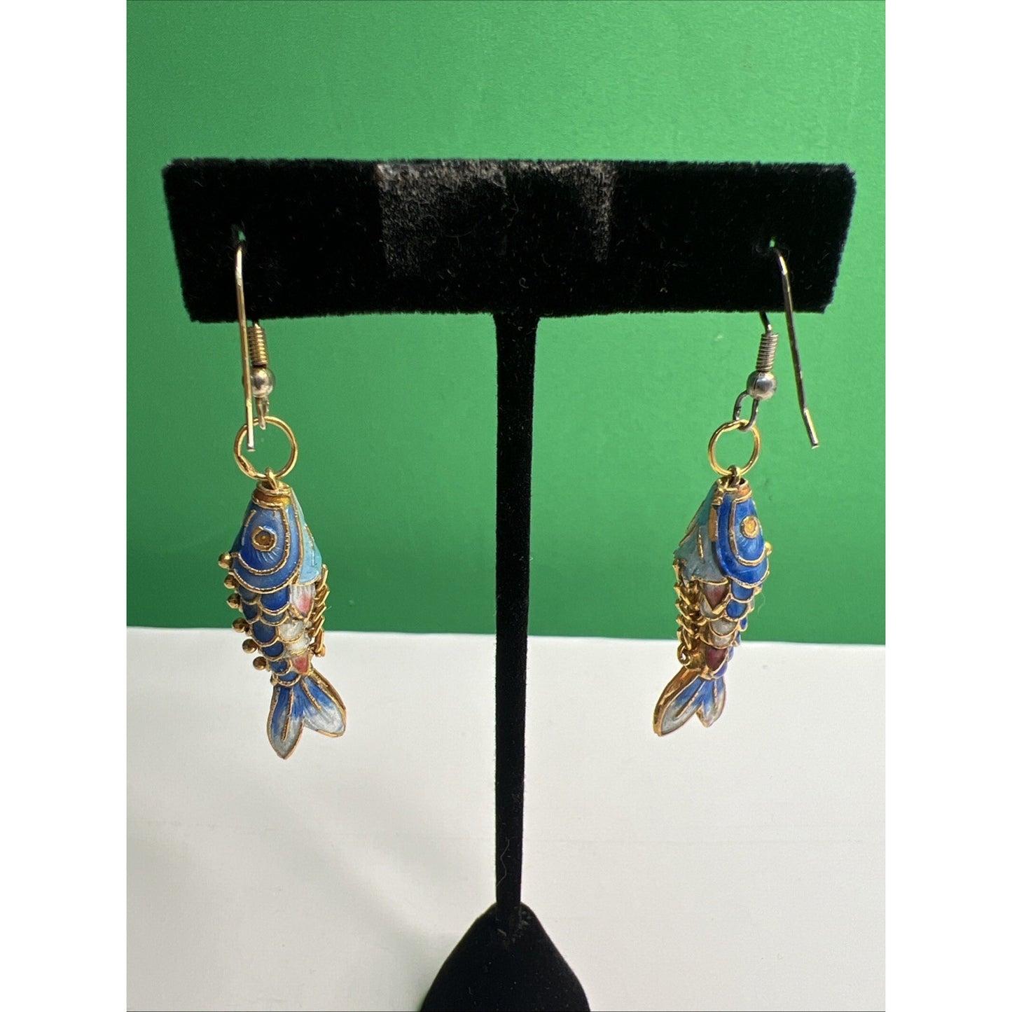 Vintage Articulated Cloisonné Guilloche Enamel Fish Earrings French Wire
