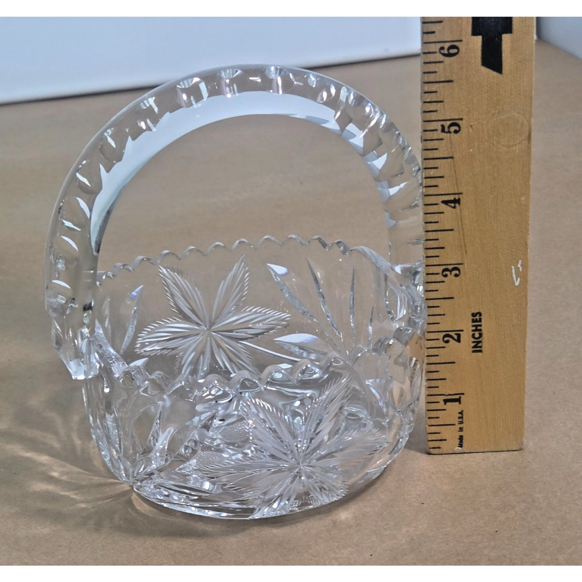 Vintage Hand-Cut Lead Crystal Basket - Bohemian Pinwheel & Leaf Star - 6 Inch