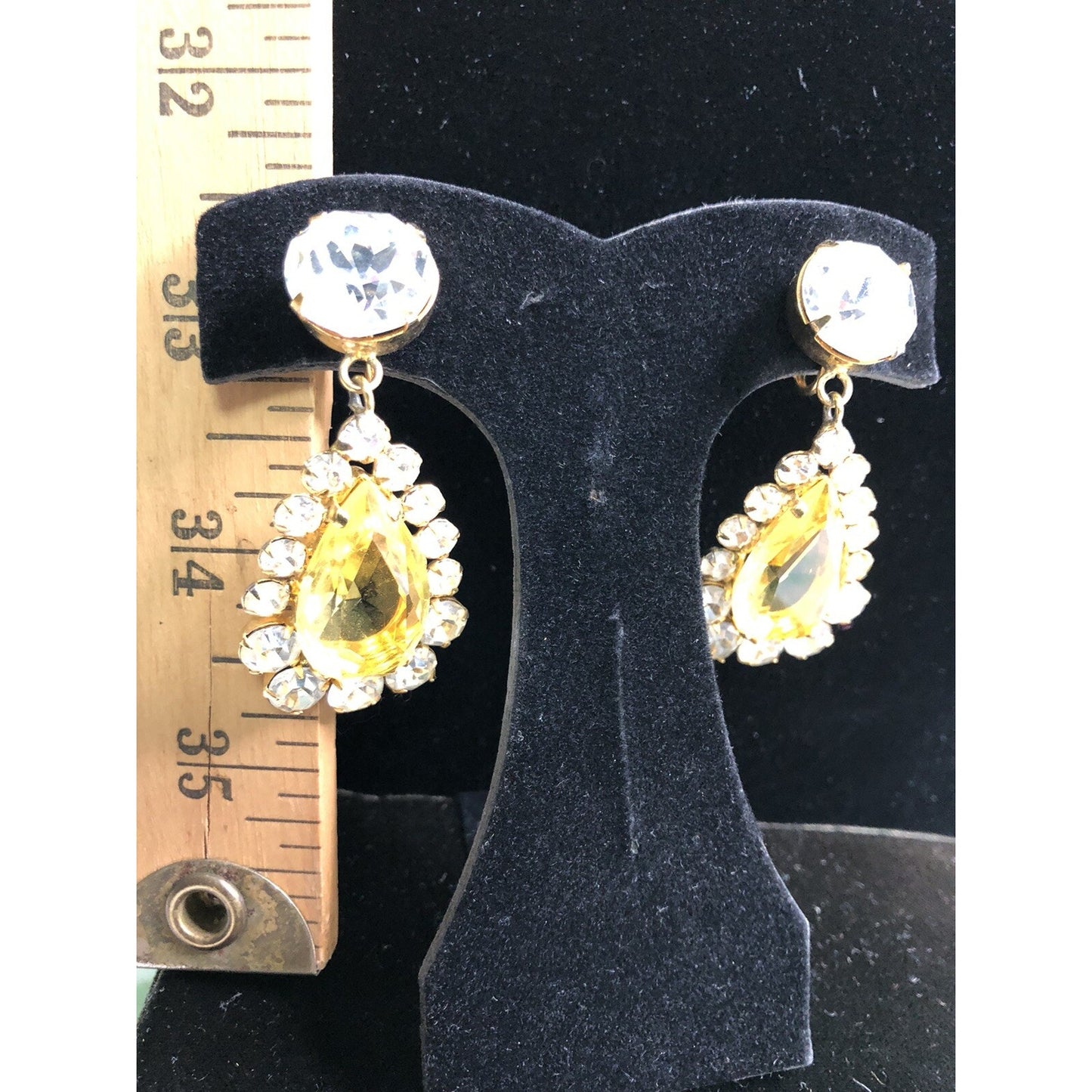 Vintage Showstopper Clip On Earrings Faux Stones Yellow Teardrop & Round Shape