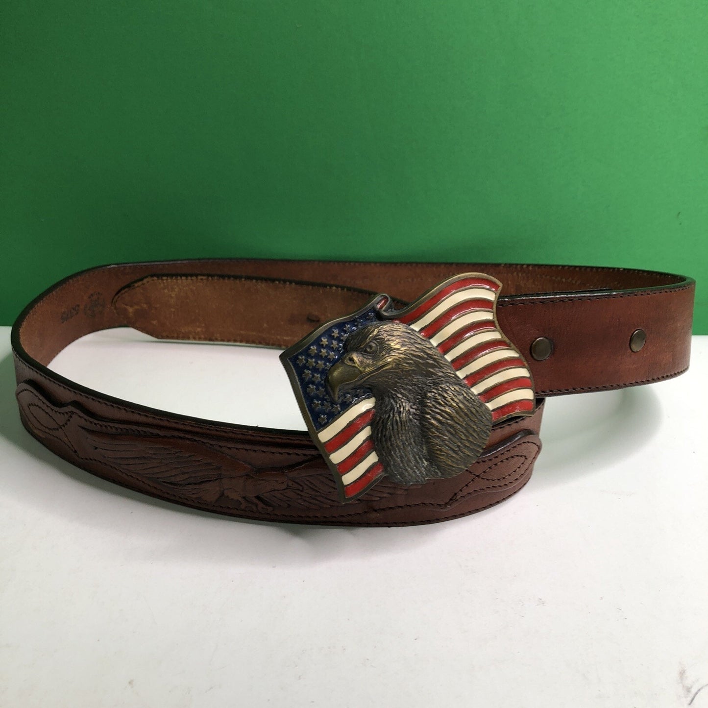 Vintage Original Brass & Enamel American Flag & Eagle Buckle w/ Leather Belt 36”