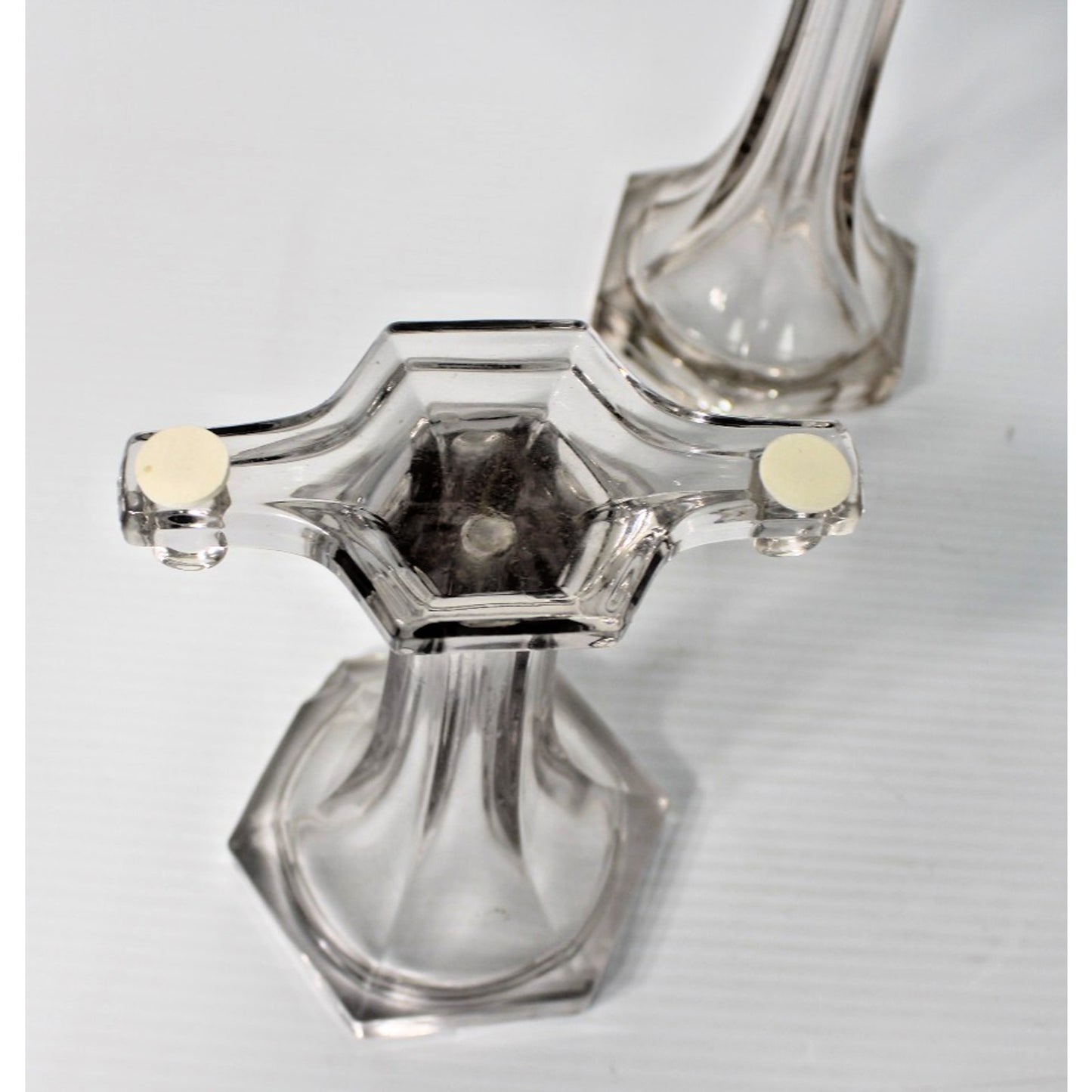 Antique Clear Glass Shelf Risers, Pedestals, Store Display Columns Pair 7-1/4"H