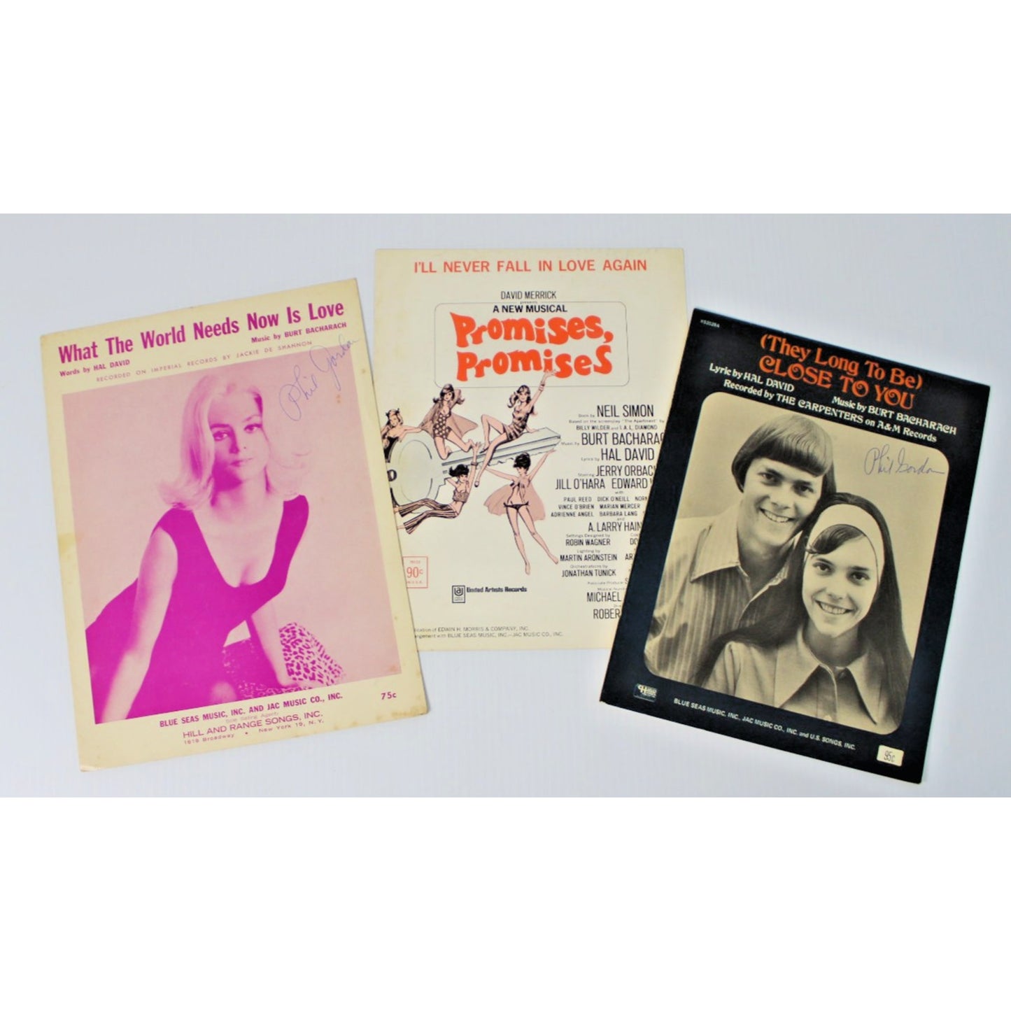 Vintage Sheet Music- 3 Songs by Burt Bacharach & Hal David, Signed Phil Gordon