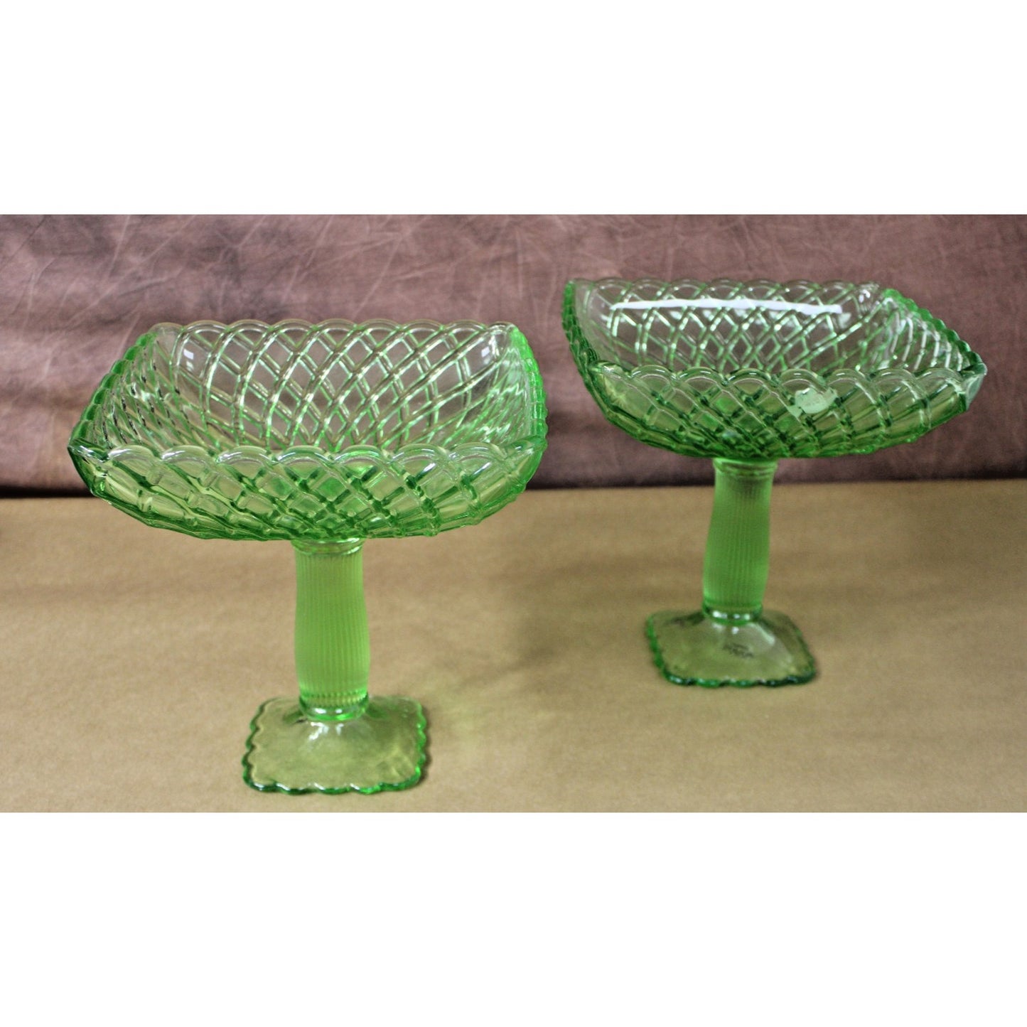 LE Smith Glass 1960 Green Compote Trellis Pressed Pedestal Bowl Pair 8 ½" x 8 ½"