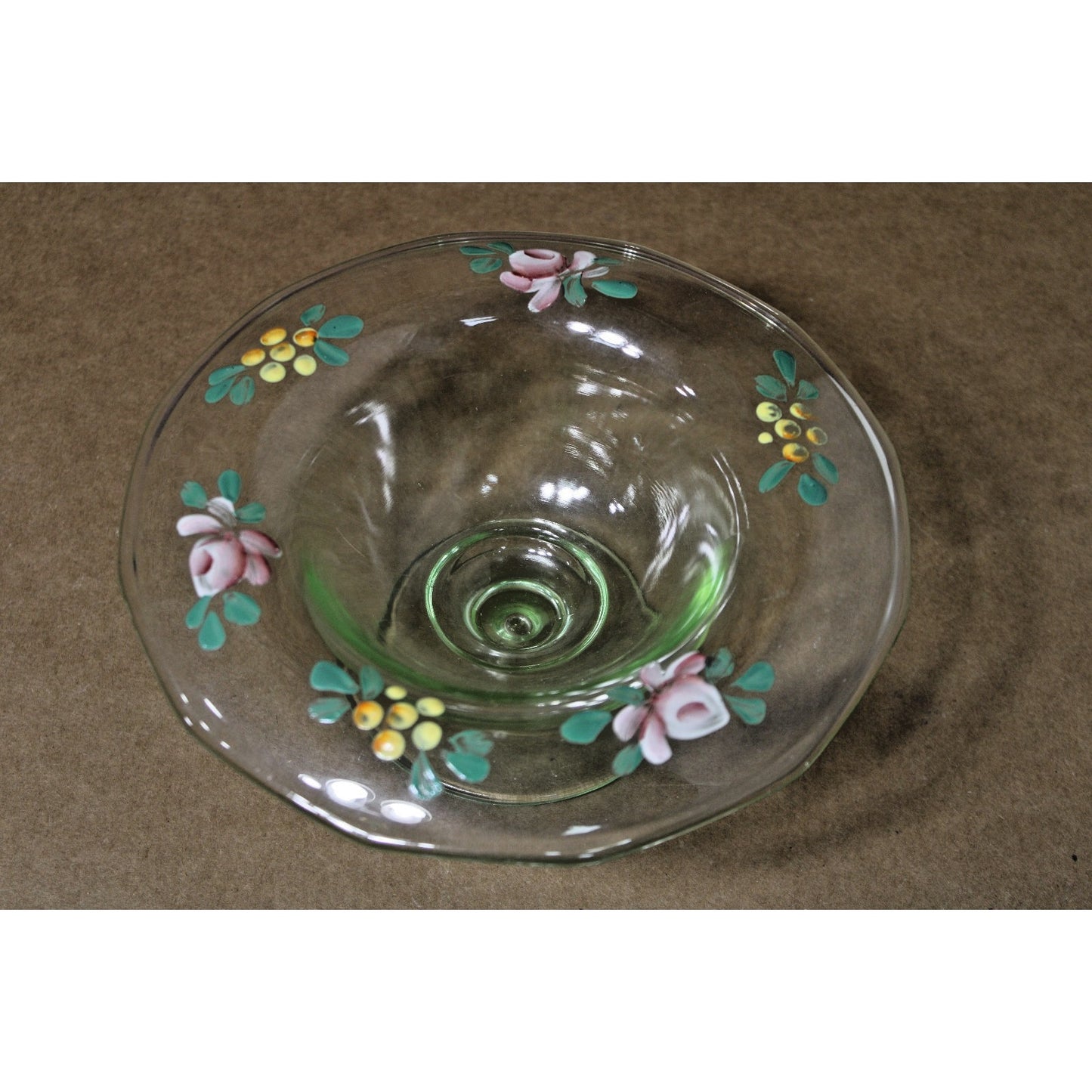 Vtg Bohemian Green Uranium Footed Compote Candy Dish Hand Painted Floral Design