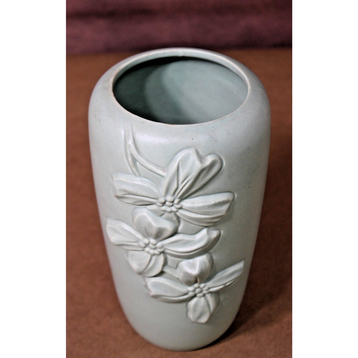 Vintage Haeger Dogwood Vase, Matte Green Raised Relief, 75th Anniversary, 8" H