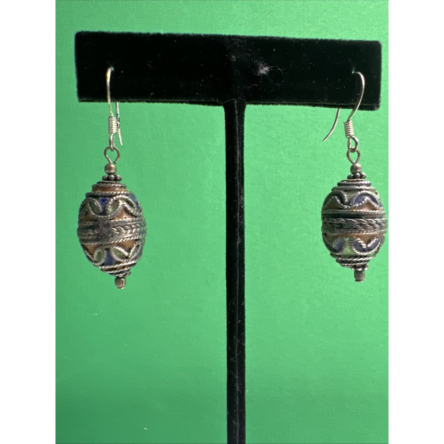 Vintage Cloisonné Enamel Silver Dangle Earrings French Wire