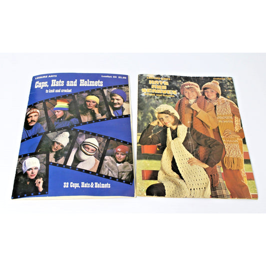 Vintage 1970s Knit Crochet Patterns: Leisure Arts- Caps, Hats, Helmets, Scarves