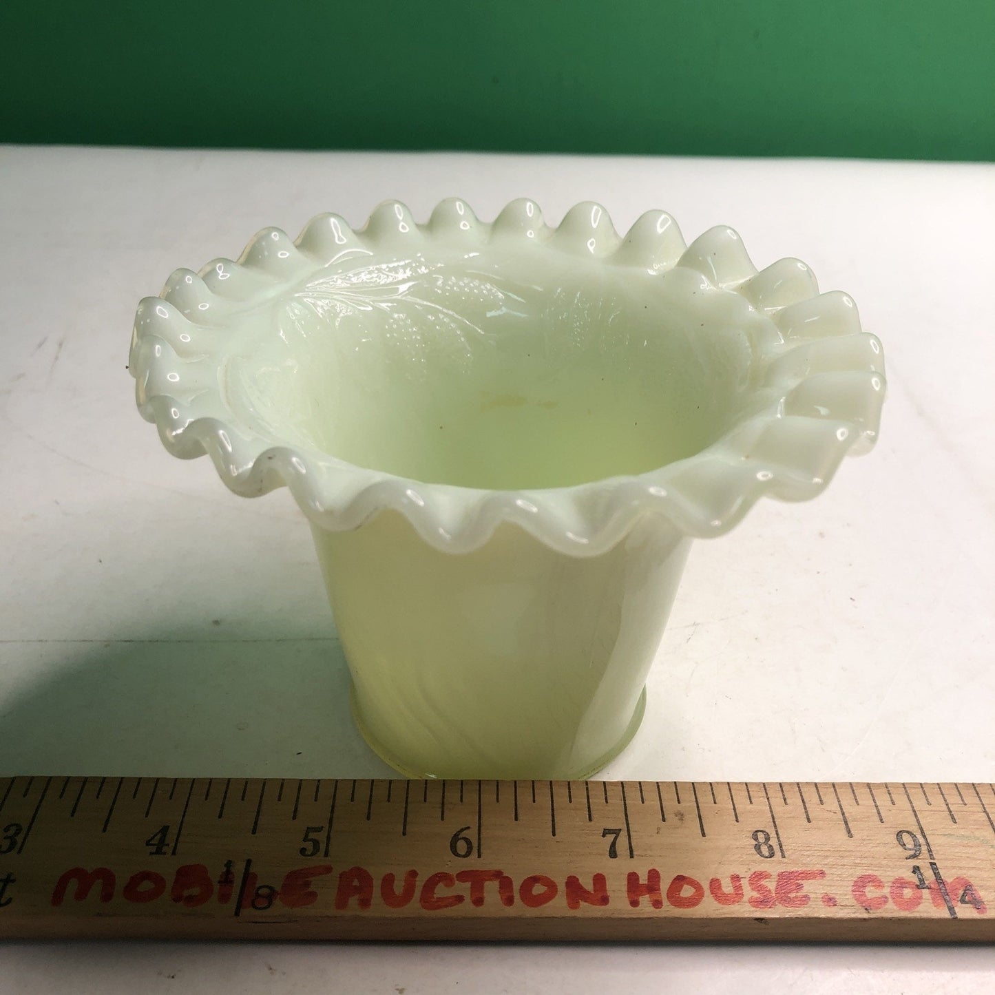 Vintage Uranium Custard Glass Vase 3.5” Tall Ruffle Top Grape Leaf Design Glows