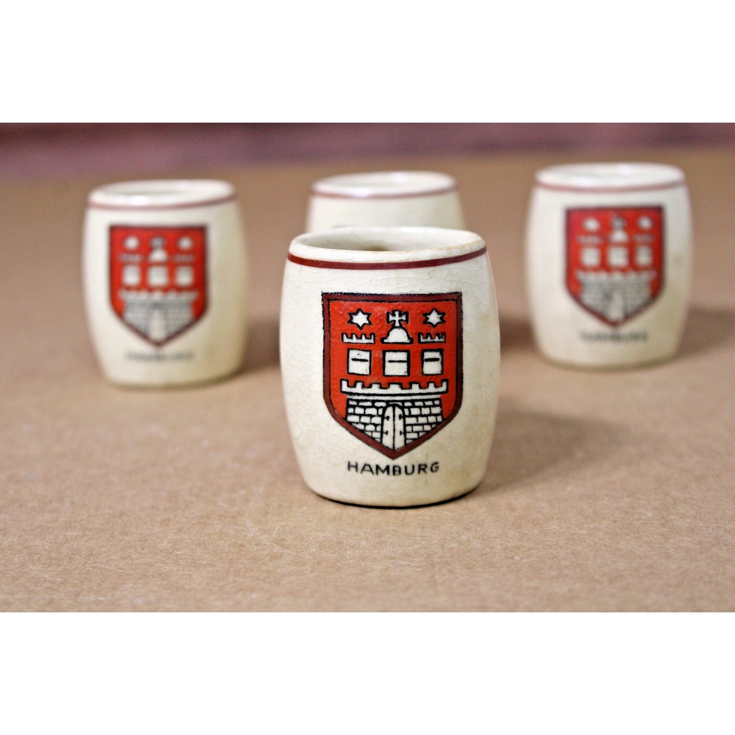 4 VTG Miniature 2"H German Beer Steins, Ceramic, Hamburg Oktoberfest, Shot Glass