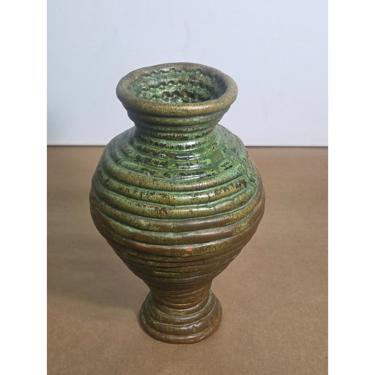 Vintage JDH Brutalist Hand-Coiled Studio Art Pottery Vase – Green & Bronze Drip