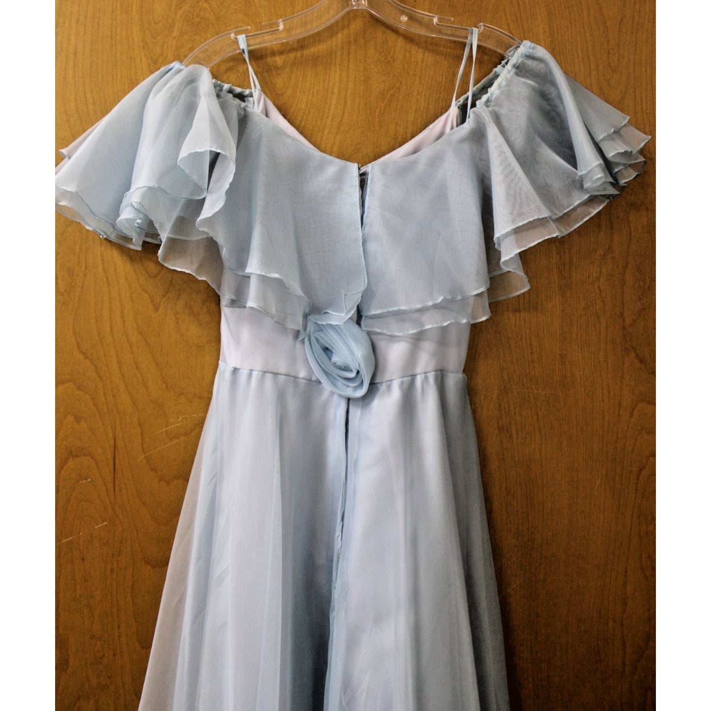 Vtg 70s Ice Blue Organza Formal Dress Off Shoulder Ruffle Tiered Prom Gown S XS