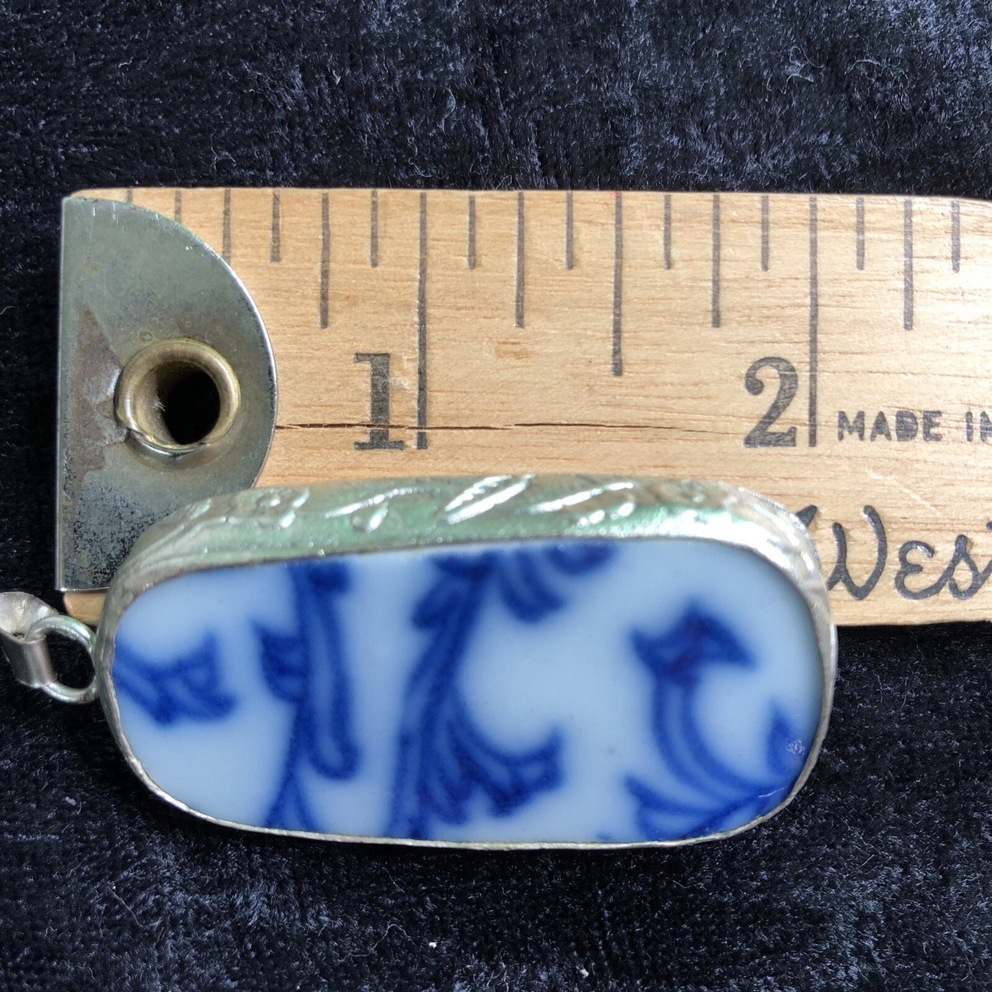 Pottery China Shard Pendant Encased In Stamped Metal Blue & White 1” Wide 2” Lon