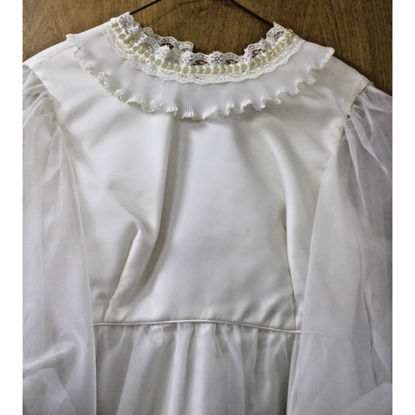 Vtg 70s Emma Domb White Organza Wedding Dress Sheer Balloon Sleeve Back Bow Sz 7