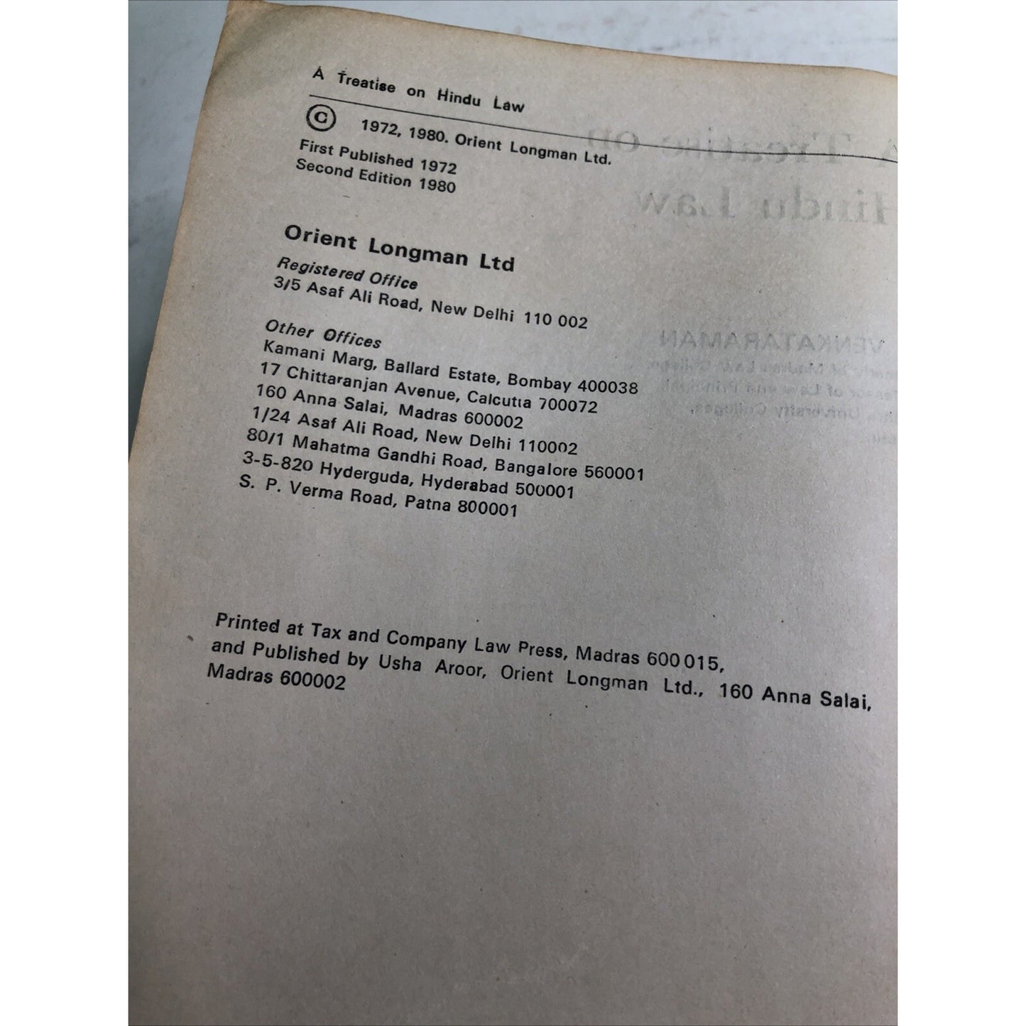 A Treatise On Hindu Law S. Venkataraman 1980 Paperback