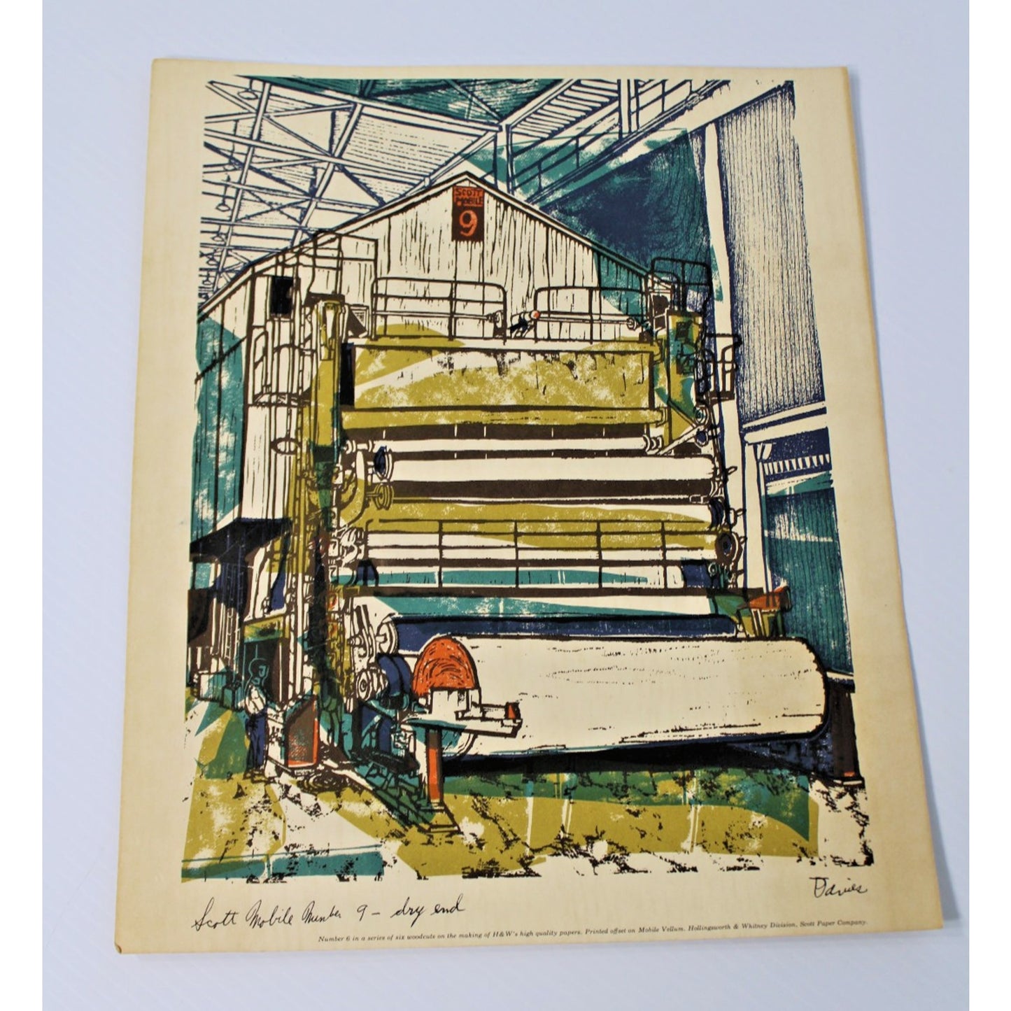 Vintage Woodcut by Ted Davies- Scott Paper Co, Number 9, Mobile, AL 14" x 11.25"