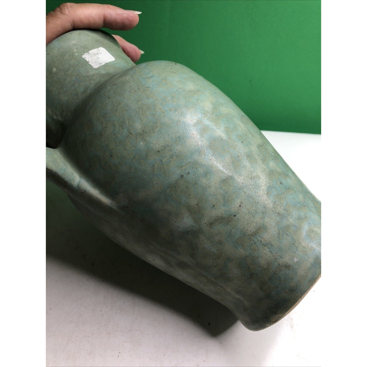 Brush McCoy 1930s Vintage Art Deco Pottery Mottled Green Cream Ceramic Vase