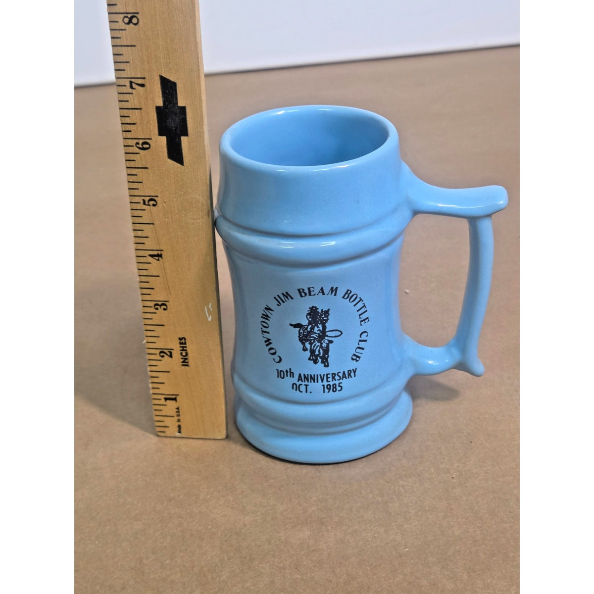 Vintage 1985 Frankoma M2 Cowtown Jim Beam Bottle Club Anniversary Mug, Blue