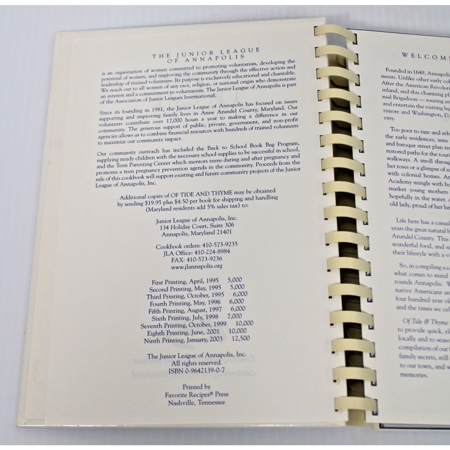 Of Tide and Thyme Cookbook The Junior League of Annapolis MD 10th Printing 2006