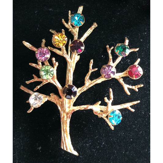 Vintage Sarah Coventry Tree of Life Brooch Pin Goltone Multicolor Rhinestones
