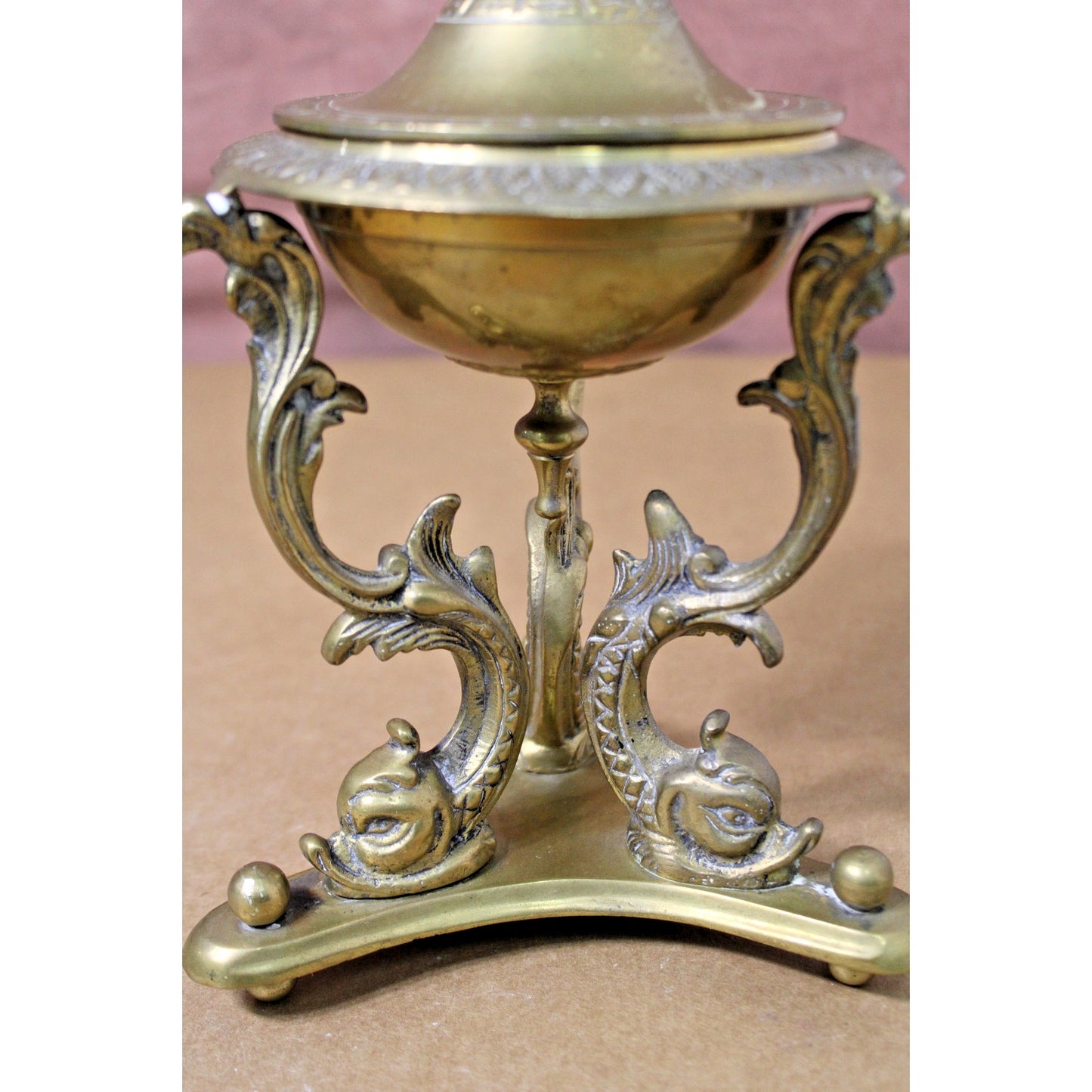 French Empire 9.5-Inch Tall Brass Lidded Bowl on Dolphin Pedestal, Gorgeous!