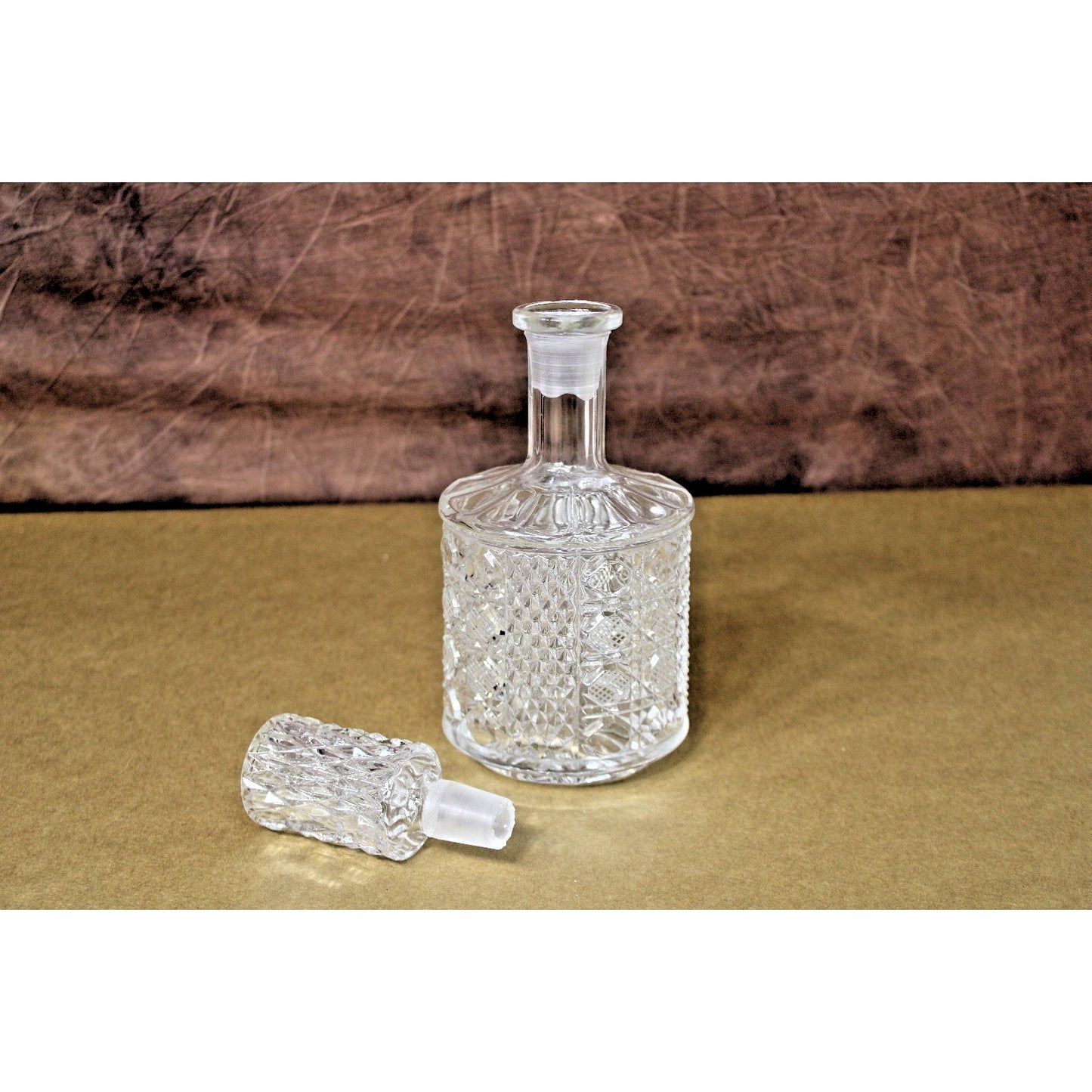 Vintage Lead Crystal 10” Decanter, Diamond Cut Glass Octagon Pattern Cylindrical
