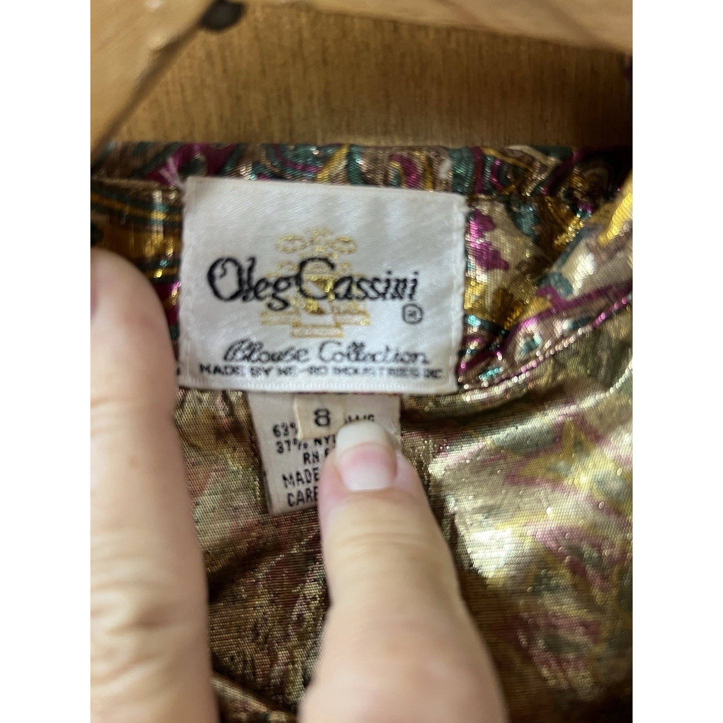 OLEG CASSINI Metallic Fabric Blouse Size 8 Button Up Shirt Paisley Pattern